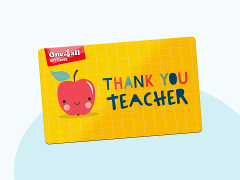 a yellow one4all thank you teacher gift card