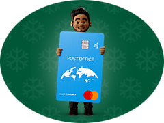 a happy Christmas helper holding a giant travel money card