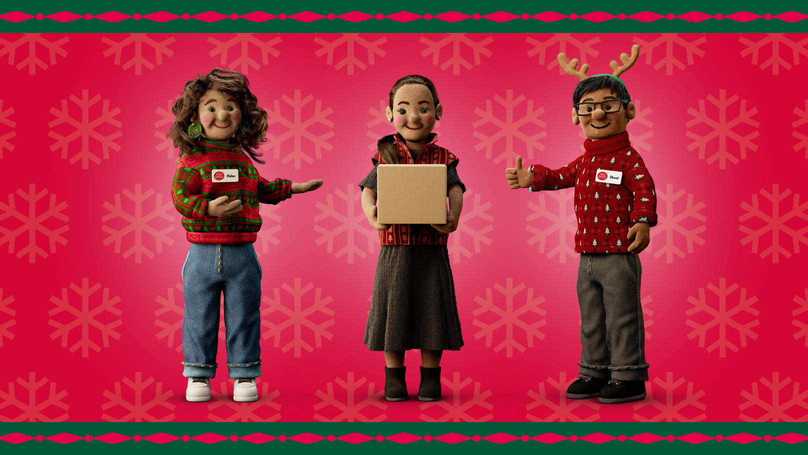 Three festive characters. One with curly hair holding a name tag, one with a gift box and on in reindeer antlers giving a thumbs-up