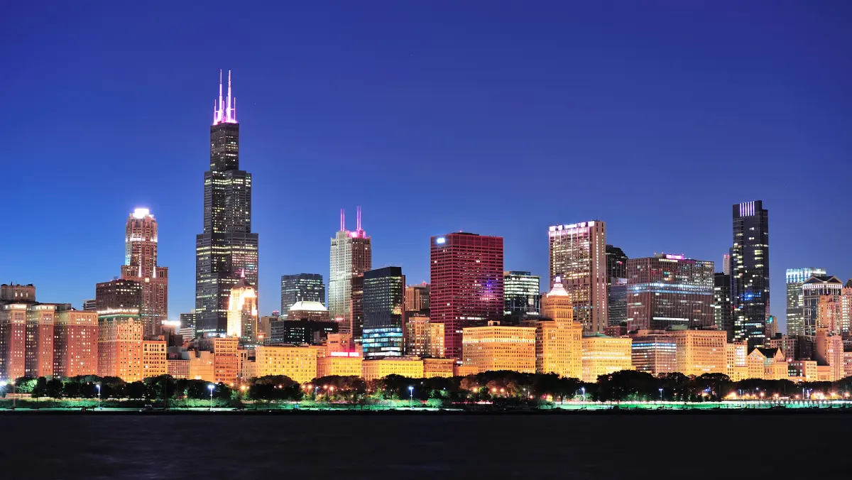 night time panorama of the Chicago skyline from Lake Michigan featuring the Sears tower